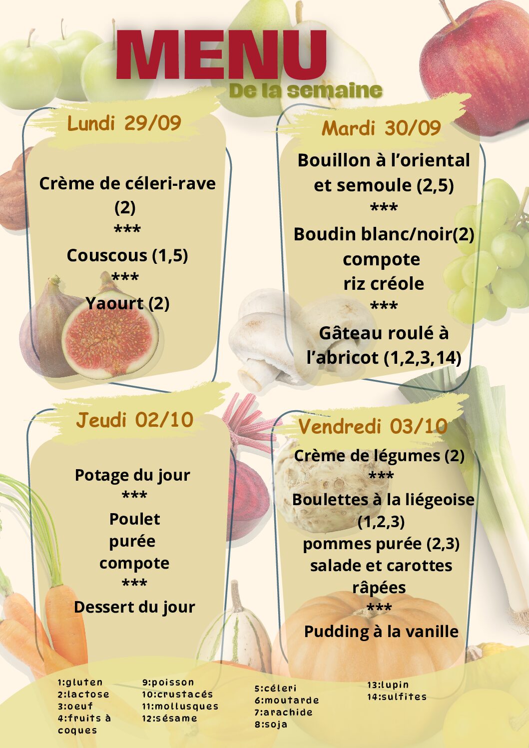Menu du 29/09/2025 au 03/10/2025