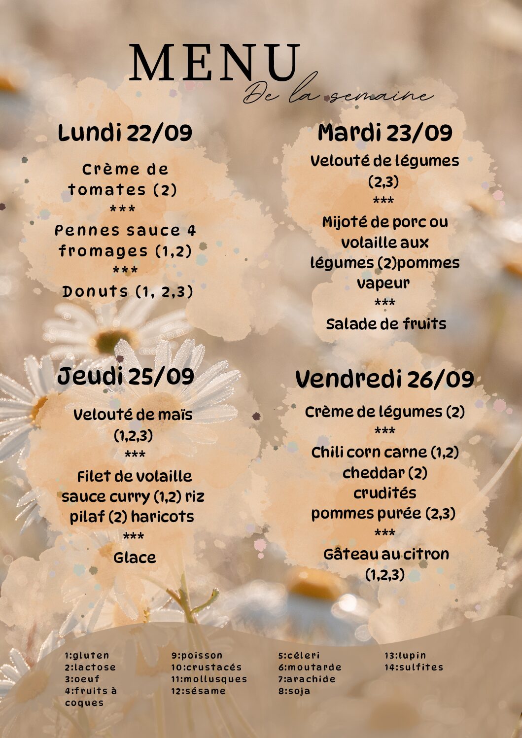 Menu du 22/09/2025 au 26/09/2025