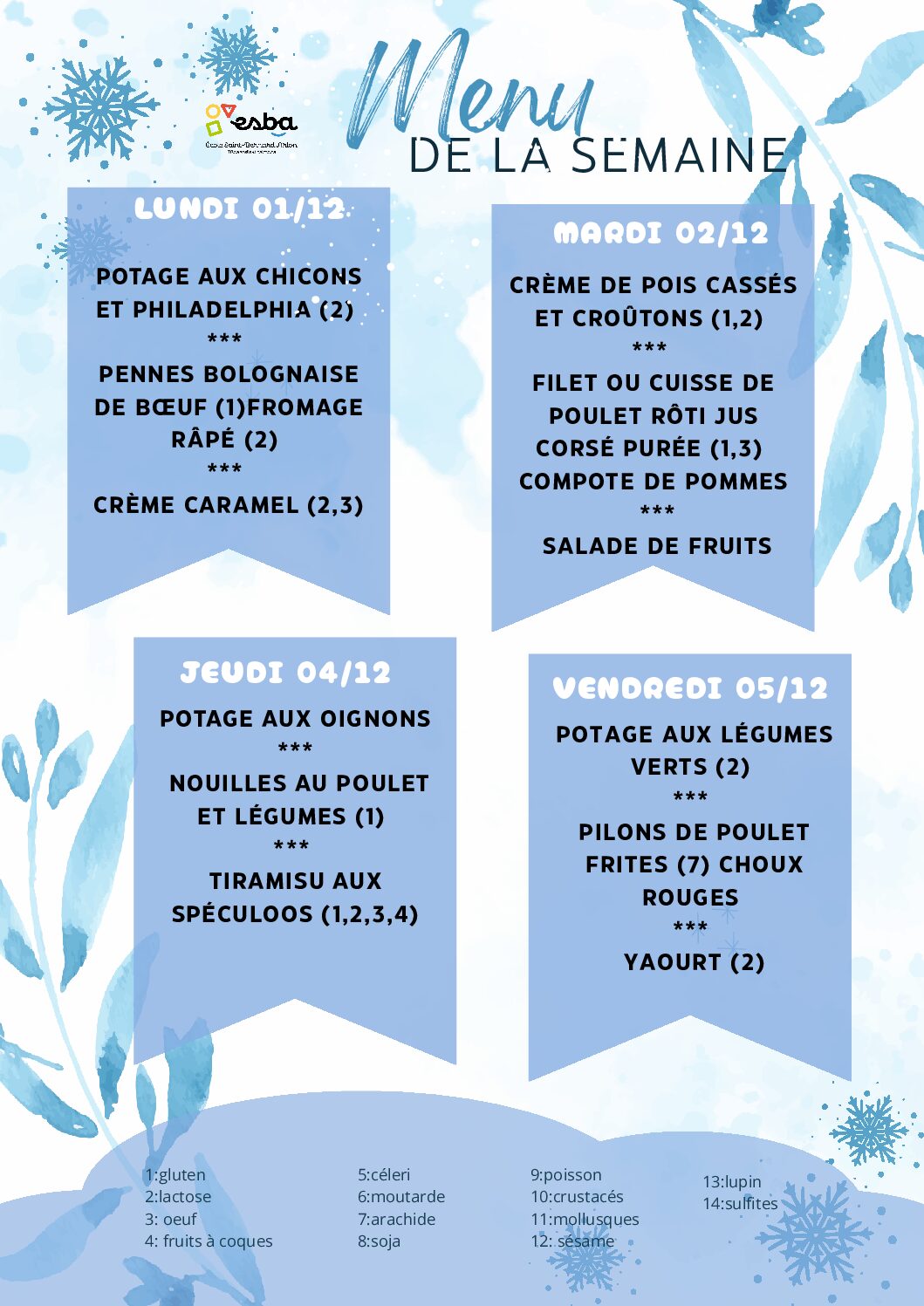 Menu du 01/12/2025 au 05/12/2025