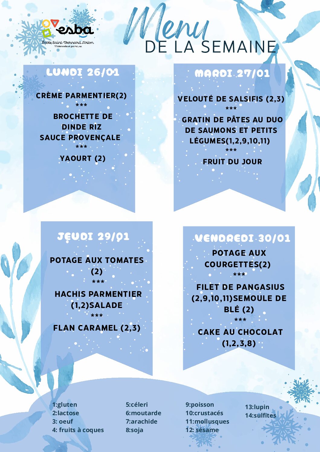 Menu du 26/01/2026 au 30/01/2026