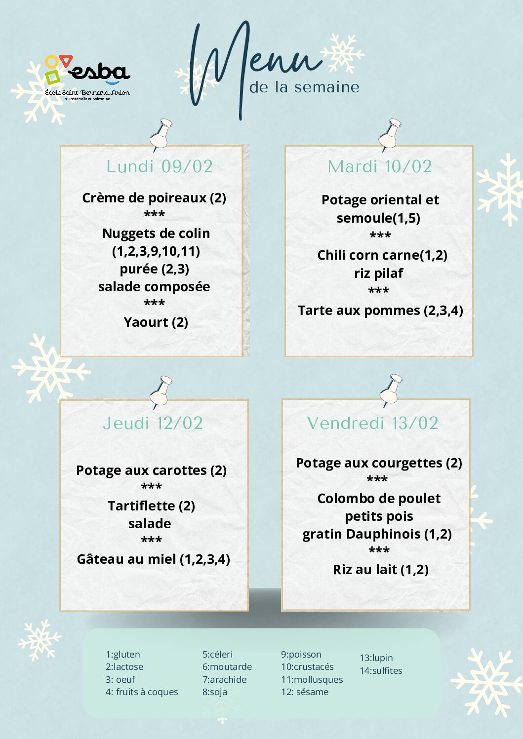 Menu du 09/02/2026 au 13/02/2026