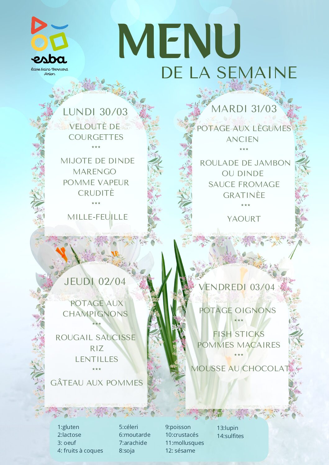 Menu du 30/03/2026 au 03/04/2026