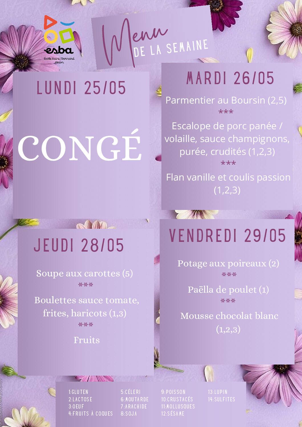 Menu du 25/05/2026 au 29/05/2026