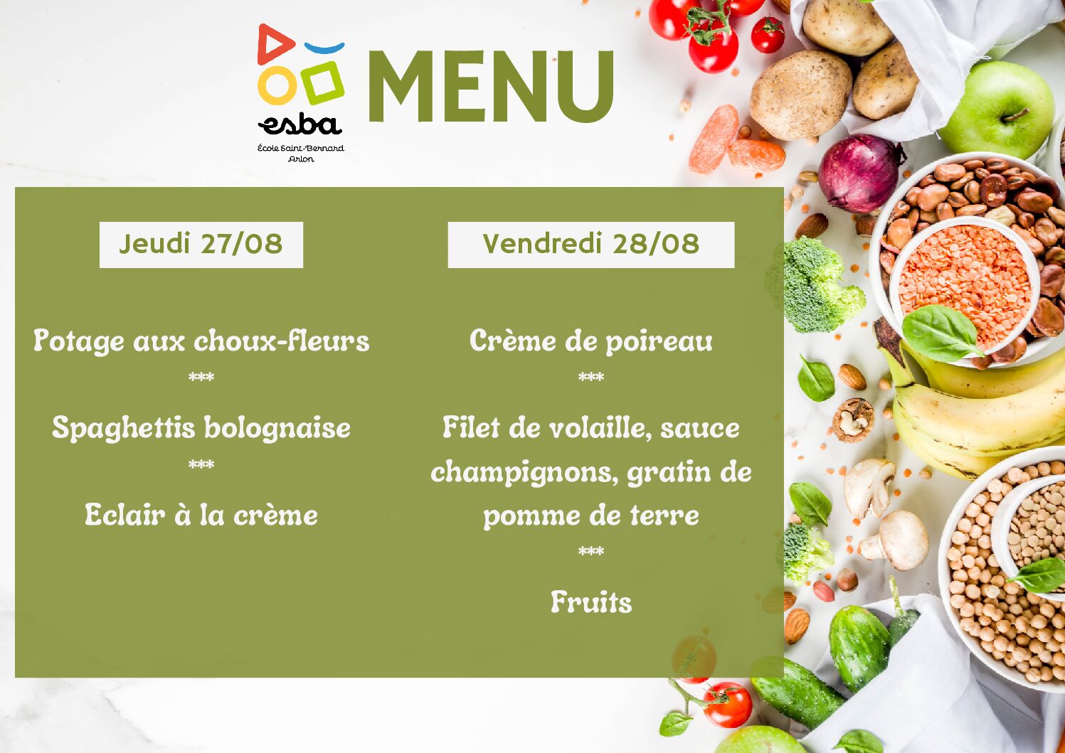 Menu du 27/08/2026 au 28/08/2026