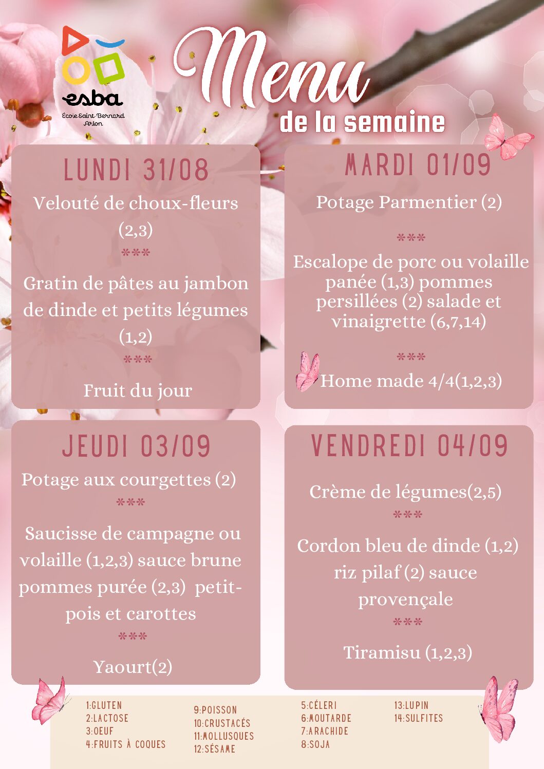 Menu du 31/08/2026 au 04/09/2026