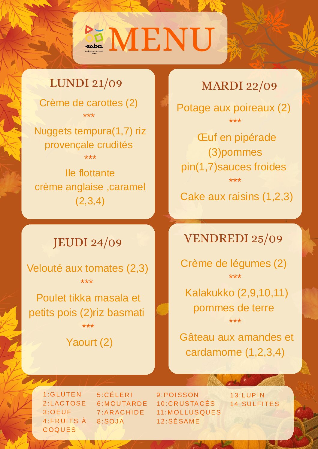 Menu du 21/09/2026 au 25/09/2026