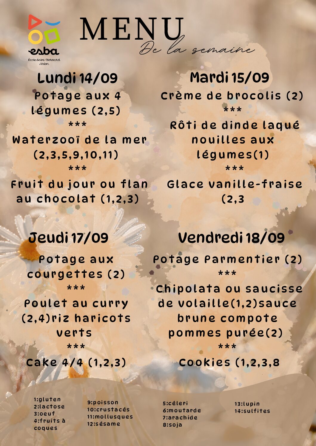 Menu du 14/09/2026 au 18/09/2026