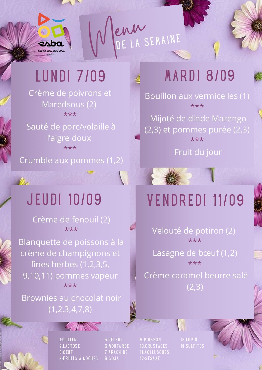 Menu du 07/09/2026 au 11/09/2026