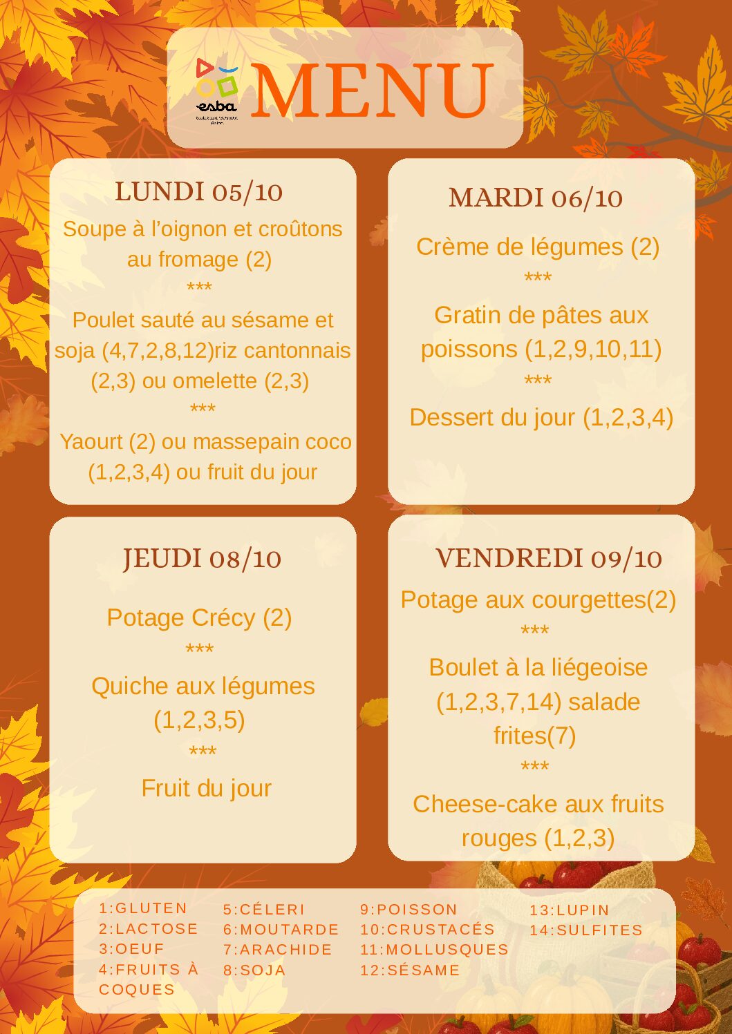 Menu du 05/10/2026 au 09/10/2026
